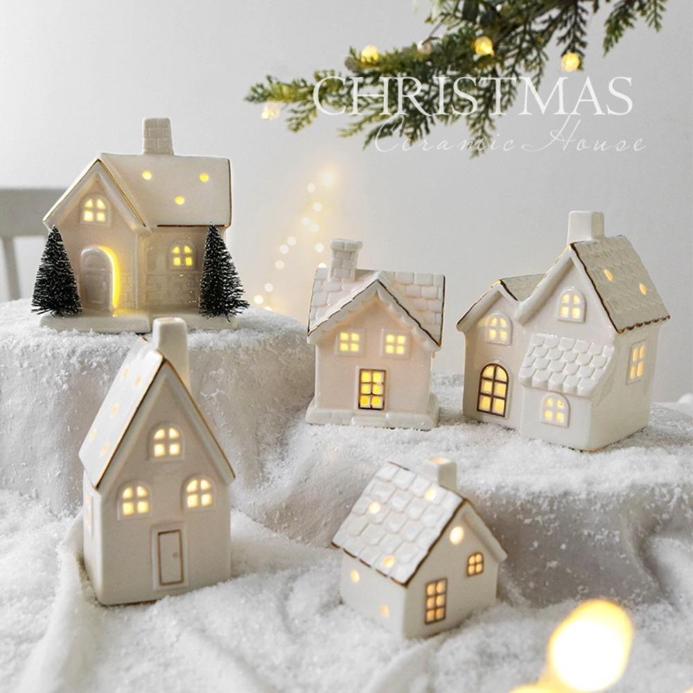 LED Light Up Porcelain Village House White Tabletop Ornaments New House Figurines  Winter Decor