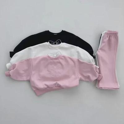 Girls' Cute Bow Two-Piece: Loose Sweater and Slim Flared Pants Set for Spring and Autumn