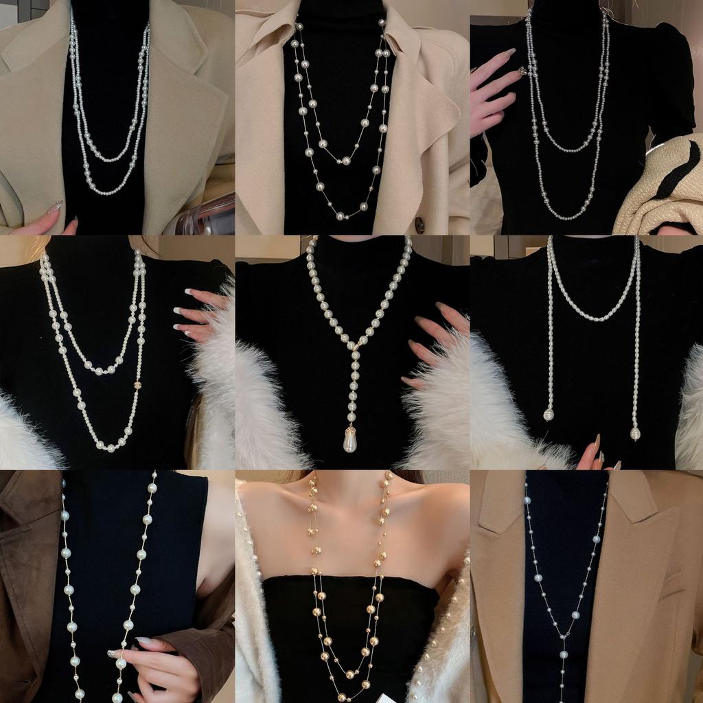Diamond Water Drop Pearl Beaded Necklace Autumn and Winter French Light Luxury Sweater Chain Fashionable Versatile High-end Jewelry