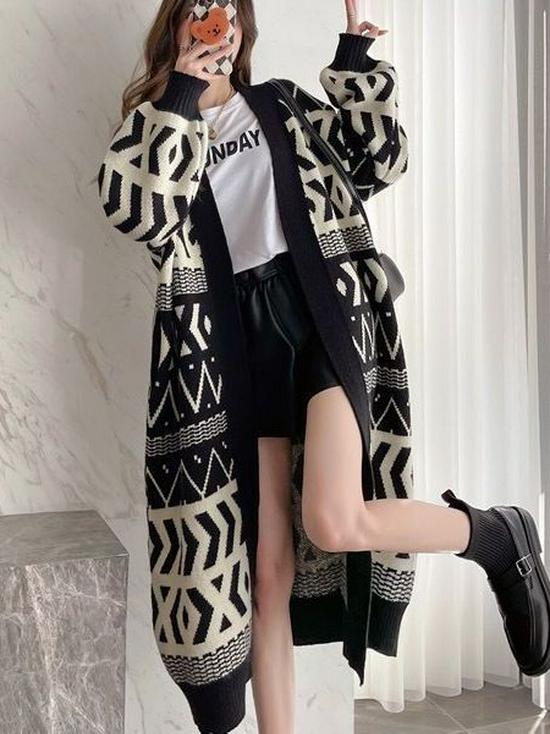2026 Korean Knit Cardigan: Women's Geometric Over-the-Knee, Slimming, Lazy Style for Spring & Autumn