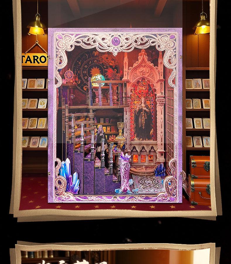Tarot Card Association Bookstand DIY Cottage Model House Miniature Landscape Wooden 3D Puzzle Assembly Toy Ornament 15x12.8x20cm
