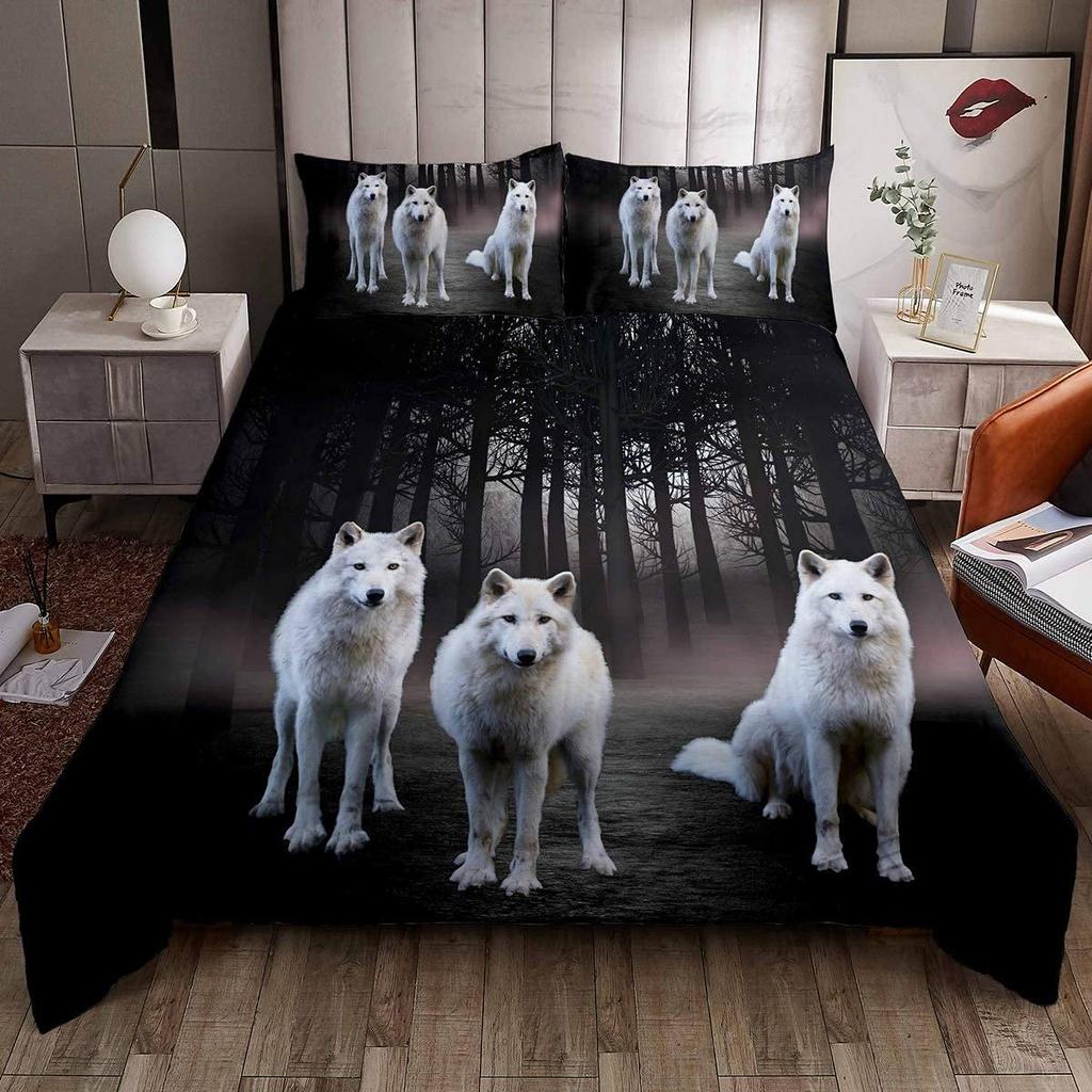 Wolf Soft Duvet Cover Set Quen Sized Dimensions Animal 3D Patern Beding Set for Adult People plus Kid Wild Wolf Jungle Animal Hunting Warm Comforter