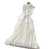 French gentle wind sleeveless lapel dress women's summer high waist pleated splicing dress elegant temperament