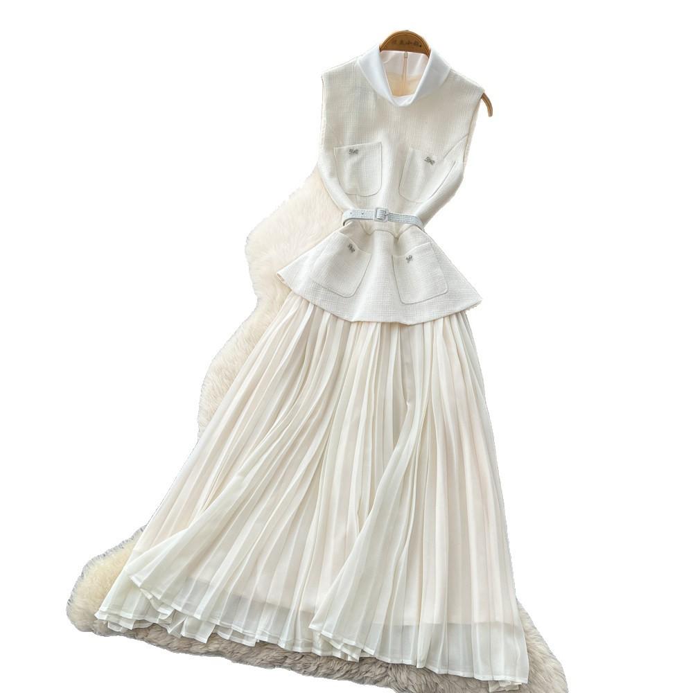French gentle wind sleeveless lapel dress women's summer high waist pleated splicing dress elegant temperament