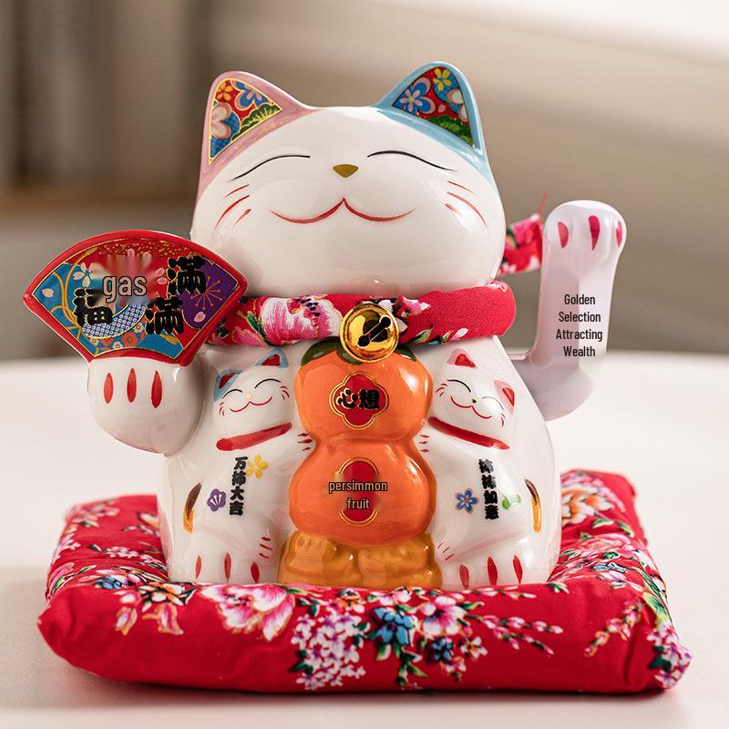 Electric Waving Lucky Cat Ceramic Ornament for Home, Living Room, Shop, or Cashier Desk.