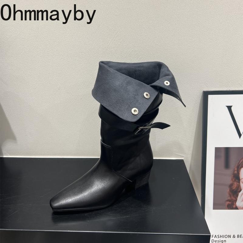 Winter Pointed Toe Suede Women High Boots Fashion Belt Buckle Slip On Shoes Concise Thick Heel Knight Long Booties