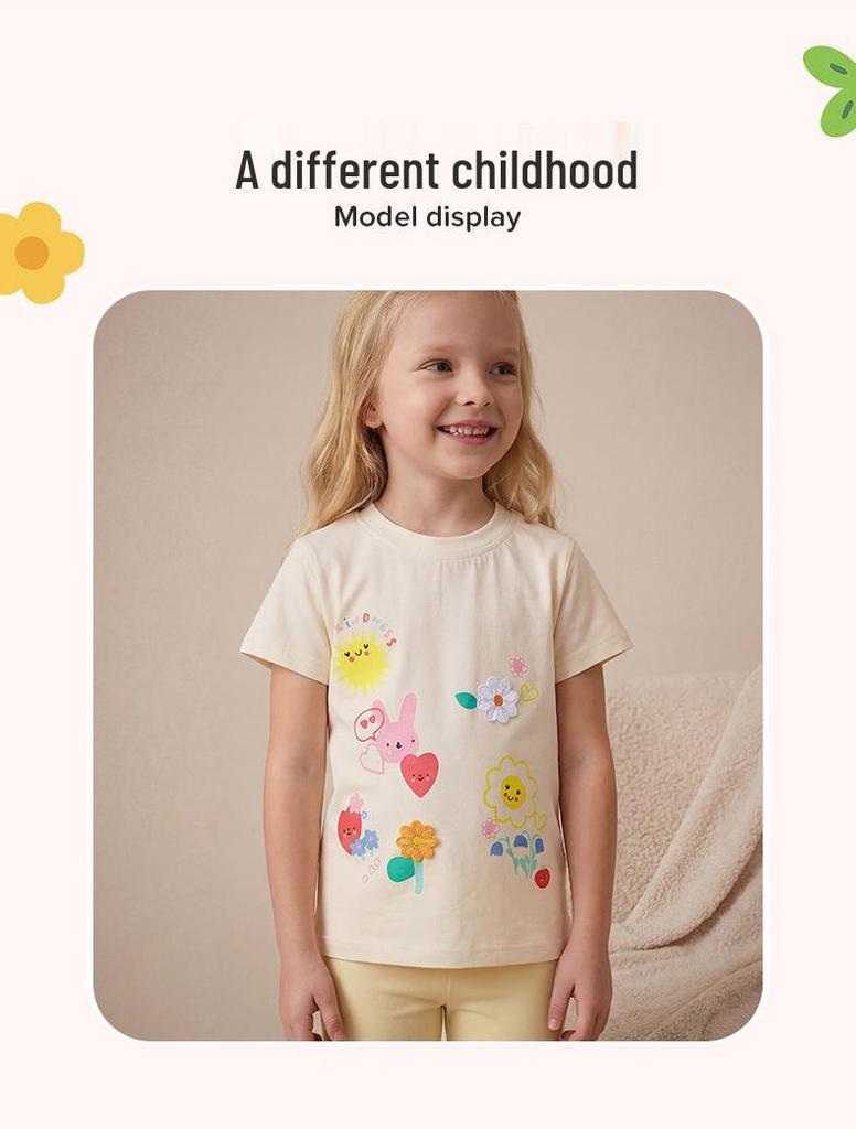 2026 Summer Girls' Floral Print Short-Sleeve T-Shirt - European & American Fashion, Round Neck Children's Clothing