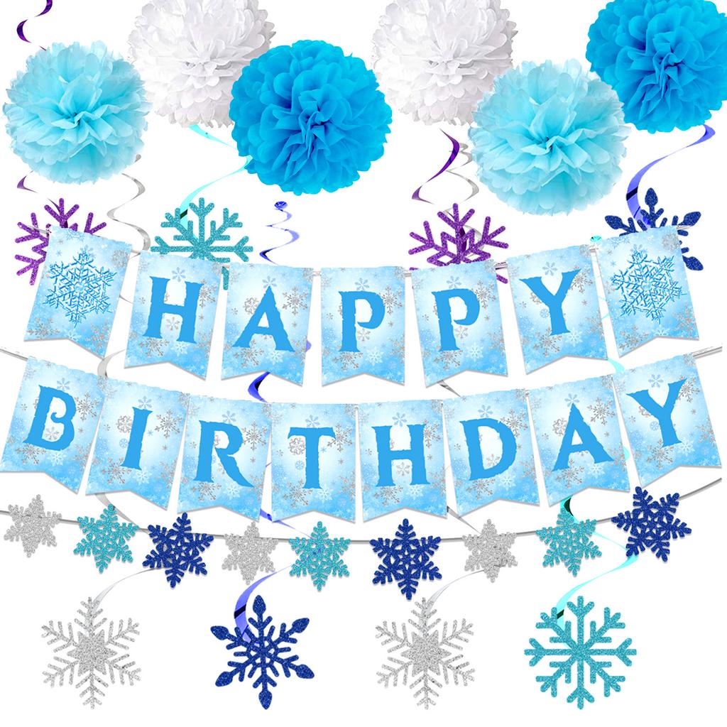 Blue Snowflake Birthday Party Decoration Snowflake Flag Rain Curtain Balloon Birthday Set Birthday Party Supplies