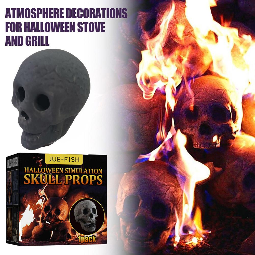Fire Skull Burning Skeleton Head Halloween Horror Props Ceramic Fireplace Fire Pit Skull Halloween Party Scene Atmosphere Layout