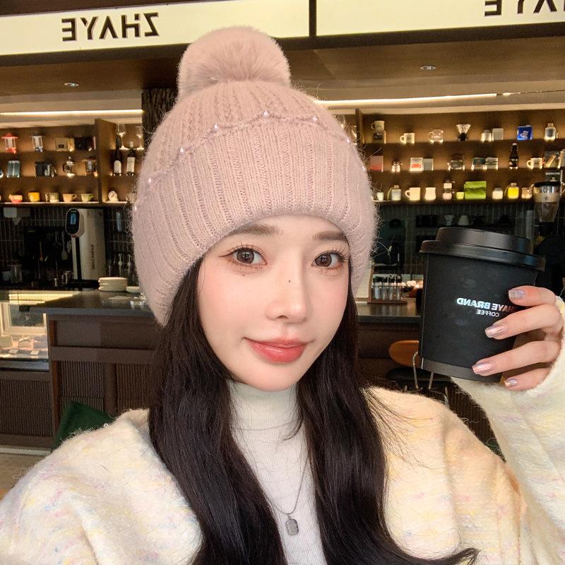 Autumn and Winter New Hat Female Rabbit Fur Pearl Fur Ball Hat Solid Color Winter Warm Knitted Wool Hat