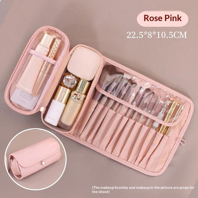 

Cosmetic Brush Roll Bag Organizer Waterproof PU Leather Stylish Pillow Style for Women Girls Travel Beauty Essentials розовый