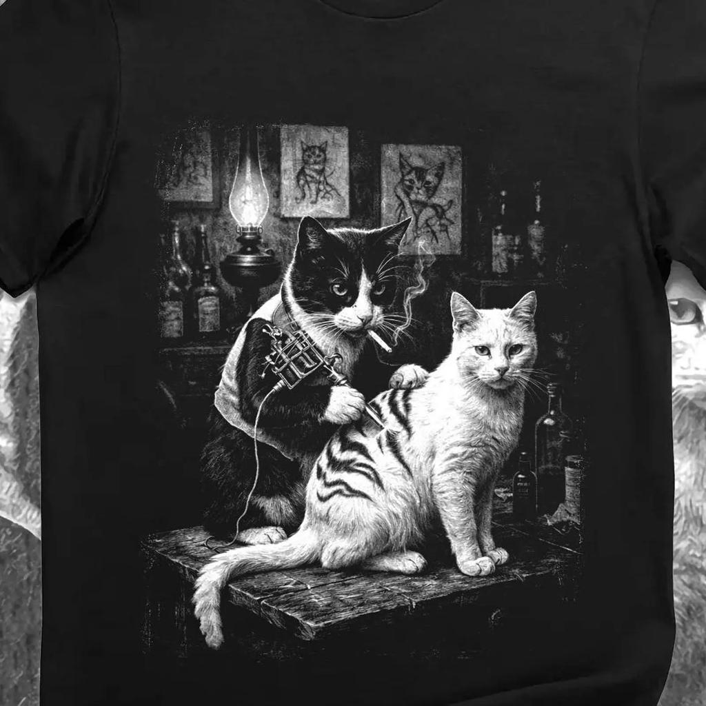 Funny Artist Tattoo Cat T Shirt Vintage Parlor Kittens Vintage Graphic Homme Streetwear Slightly Top For Everyday Wear