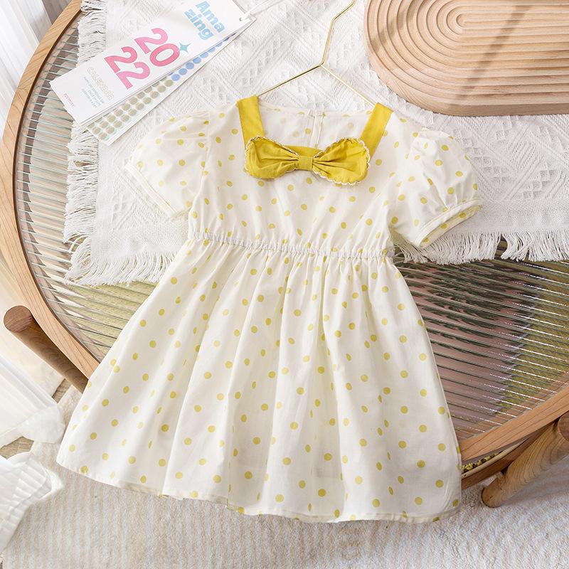 Girls Summer Polka Dot Princess Dress Stylish Short Sleeve Childrens Clothing 90cm жёлтый