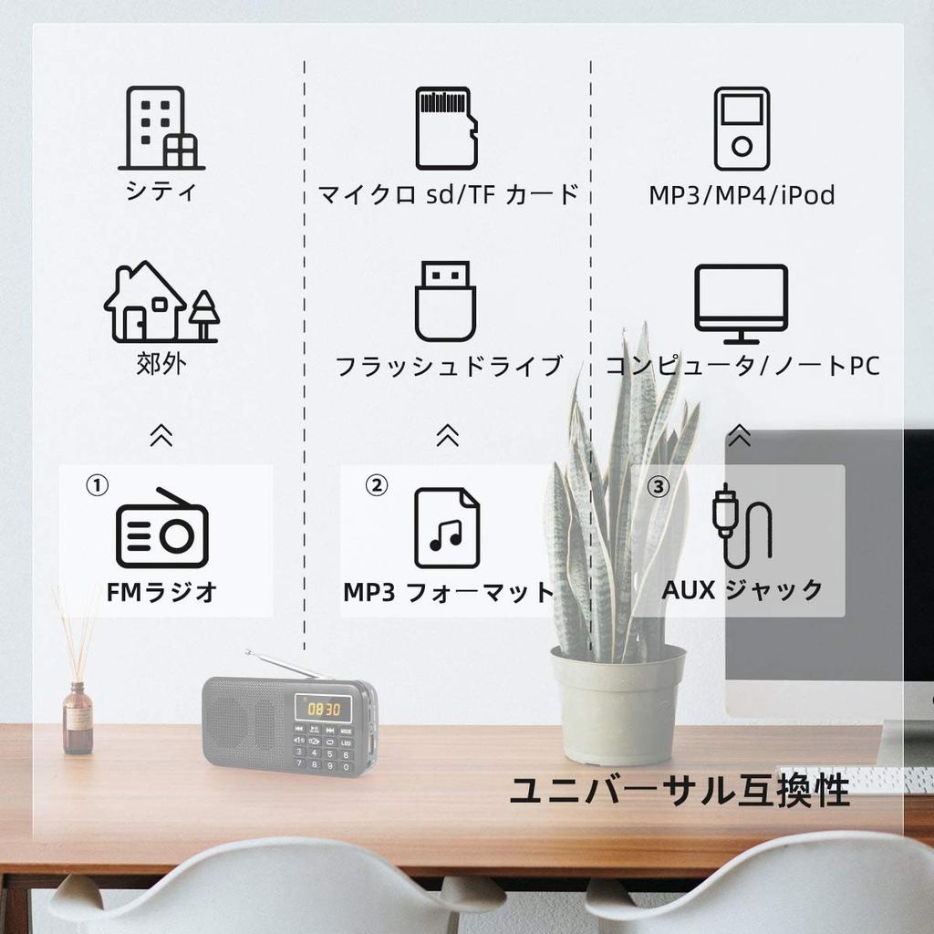 Gemean J-725 Portable Mini Digital Radio with Rechargeable Wide FM (FM Only) Supports SD, USB, MP3, Flashlight, and Alarm Clock. High-Capacity