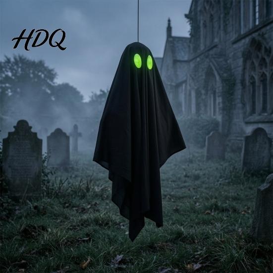Halloween Ghost Decorations Hanging Outdoor Decoration Spooky Black Fabric with Green Yard Decor Eyes for Outside Tree Porch Yard Lawn,