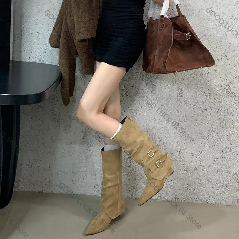 Fashion 2025 Vintage Suede Women Trouser Legs Boots Fashion Belt Buckle Slip On Shoes Autumn Winter Wedges Heel Ladies Long Booties