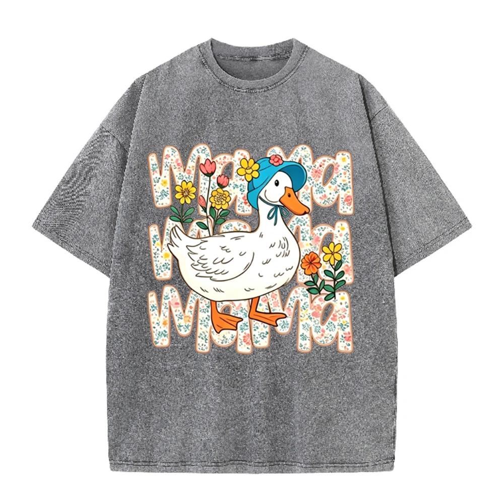 2026 Vintage Washed Black Tshirt Cute Mama Duck Floral Graphic Tee Retro Mothers Day Casual Oversized Streetwear For Women