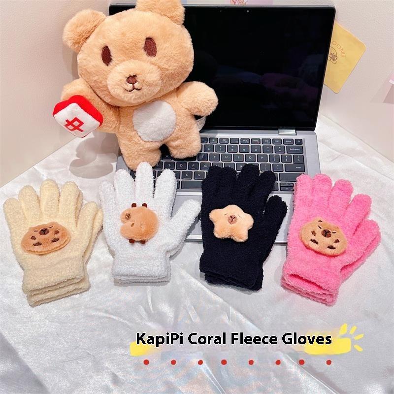 Cute Capybara Gloves Plush Coral Fleece Cold-Proof Gloves Five-Finger Gloves Student Winter Warmer Gloves Girly Christmas Gifts