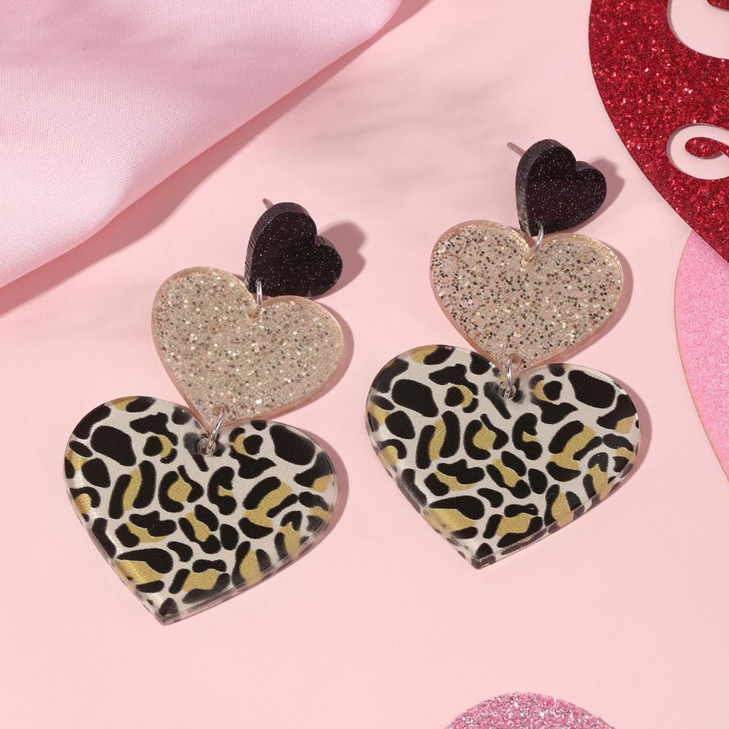 Sexy Süß Glitzerpuder Rosa Leopardenmuster Herzförmiger Acryl-Anhänger Hängende Ohrringe für Damen Weihnachten Designer Schmuck