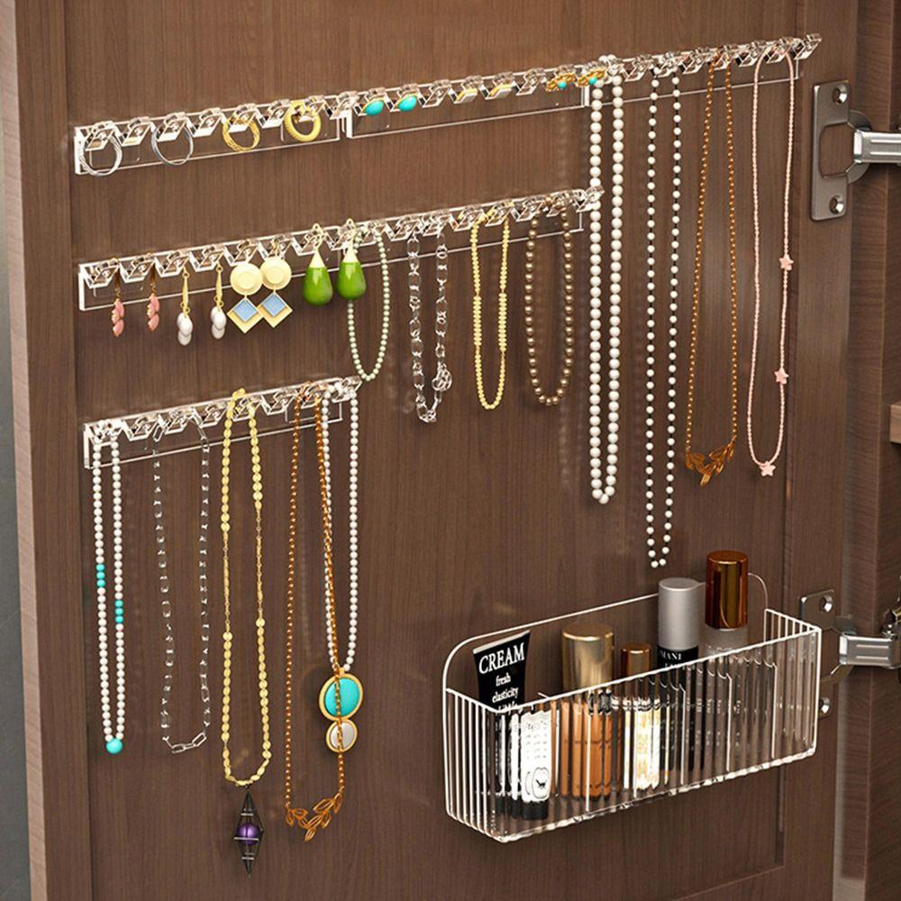 8 Hooks Jewelry Display Rack Plastic Transparent Jewelry Organizer Stand Wall Hanger Adhesive Paste Organizer Box