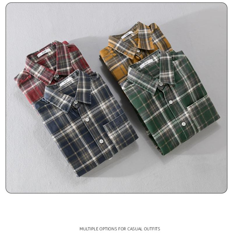 Japanese Style Long Sleeve Plaid Shirt Men Spring Fall Daily Men's Casual Shirt Pocket Turn-down Collar 100Cotton Button Shirt