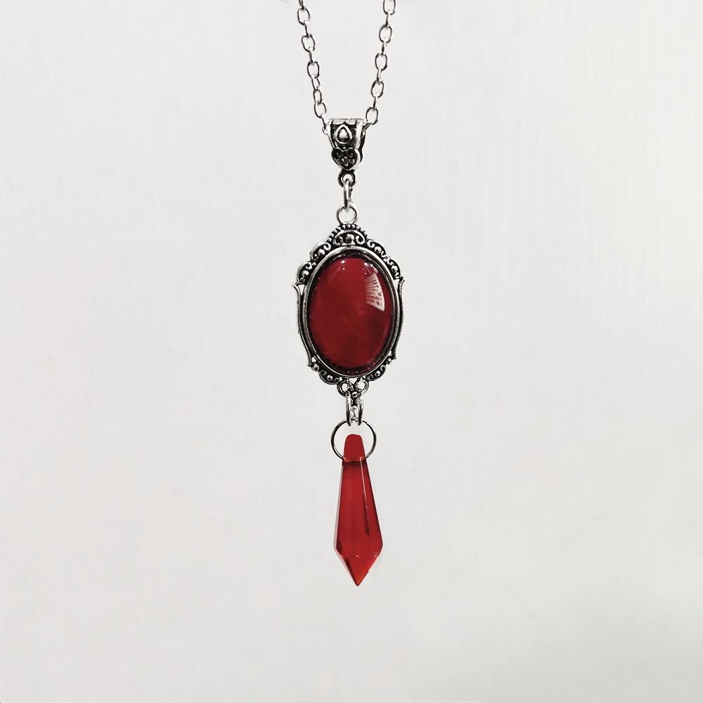 Gothic Vampire Bat Geometric Relief Ellipse Red Crystal Pendant Necklace for Women Halloween Party Charm Witch Jewelry Gifts