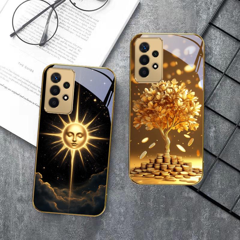 Mysterious black cat For Samsung A 01 52S A04 A05S A10 A12 A13 22 23 24 36 42 M02 Note 10 20Ultra 8 9 Golden glass phone case
