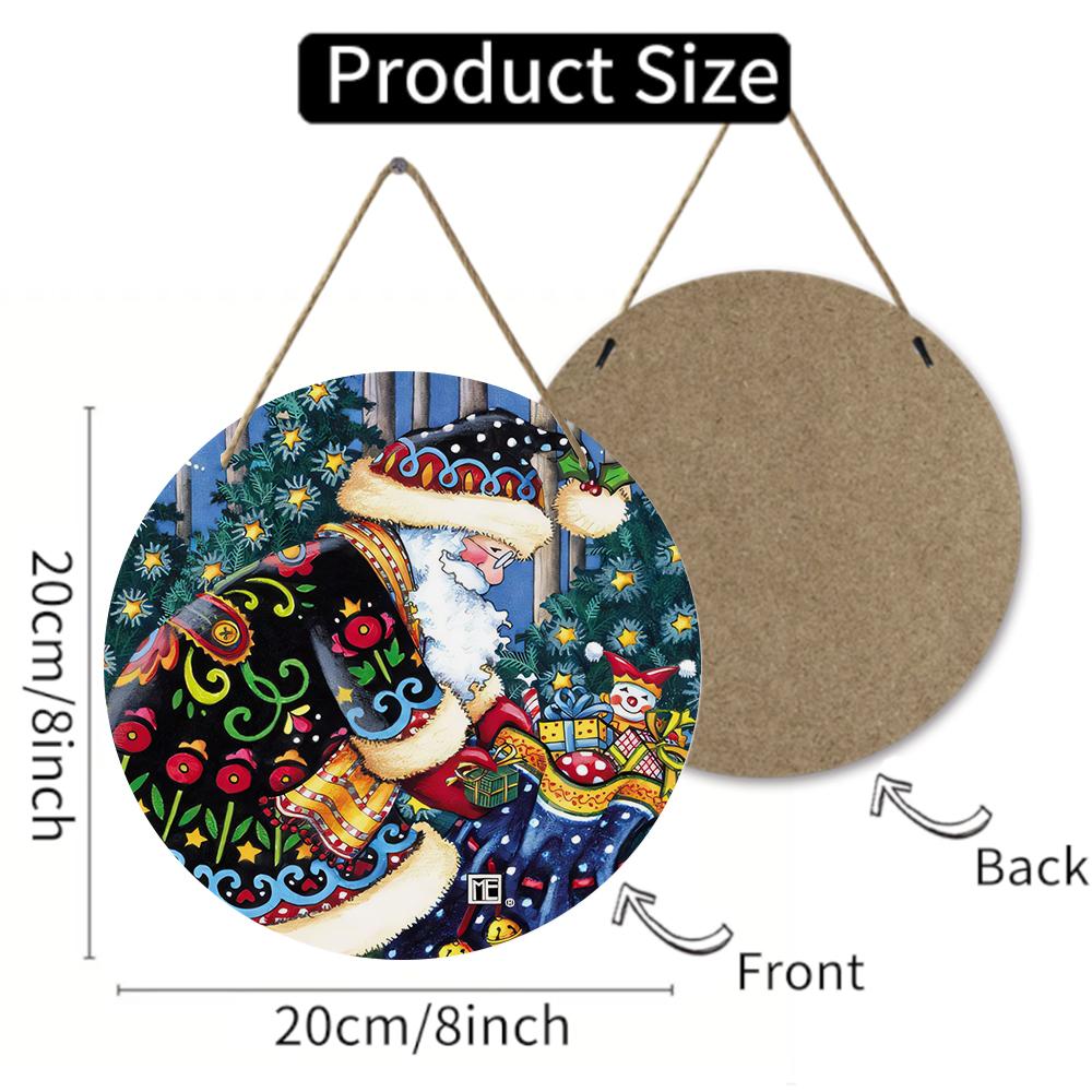Vintage Santa Gift Print Round Wooden Hanging Plaque Colorful Holiday Wall Decor Festive Interior Art Ornament for Christmas Party Home Decoration