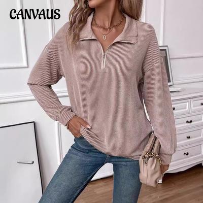 Felpa a maniche lunghe con mezza zip e strisce a contrasto, casual, taglie forti, da donna, primavera e autunno