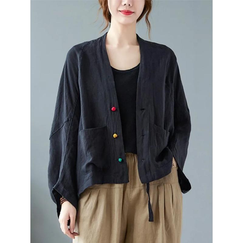 

Женские куртки с длинным рукавом, новинка 2025 года, винтажный стиль, универсальные, свободные, удобные, из хлопка и льна, женские повседневные пальто B2100 One Size чёрный