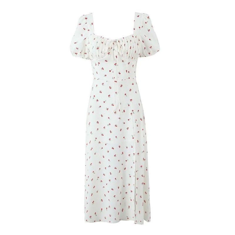 

First Date Milk Sweet Summer Square Collar Dress Small Cherry Cherry Split Dress L