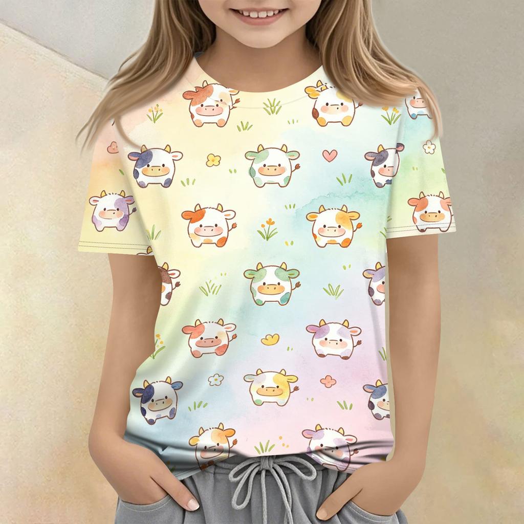 Kids Animal Print Crew Neck Short Sleeve T Shirt Casual Loose Fit Top Soft Comfortable Fabric Suitable for Everyday Wear