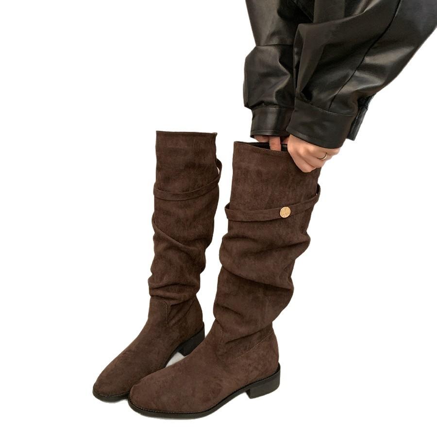 French thick heel apricot suede piled boots women's shoes 2025 new spring and autumn winter versatile thin long boots