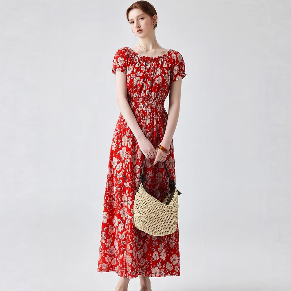 Bohemian Cotton-Silk Floral Printted Off-the-Shoulder French-Style Summer Dress for Women Ethnic-Style Elastic Waistband Pleayed Long Dress