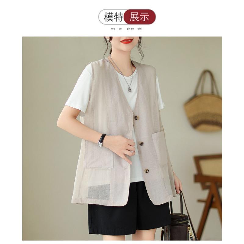 Women Plus Size Linen Blend Sleeveless Vest Open Front V Neck Top