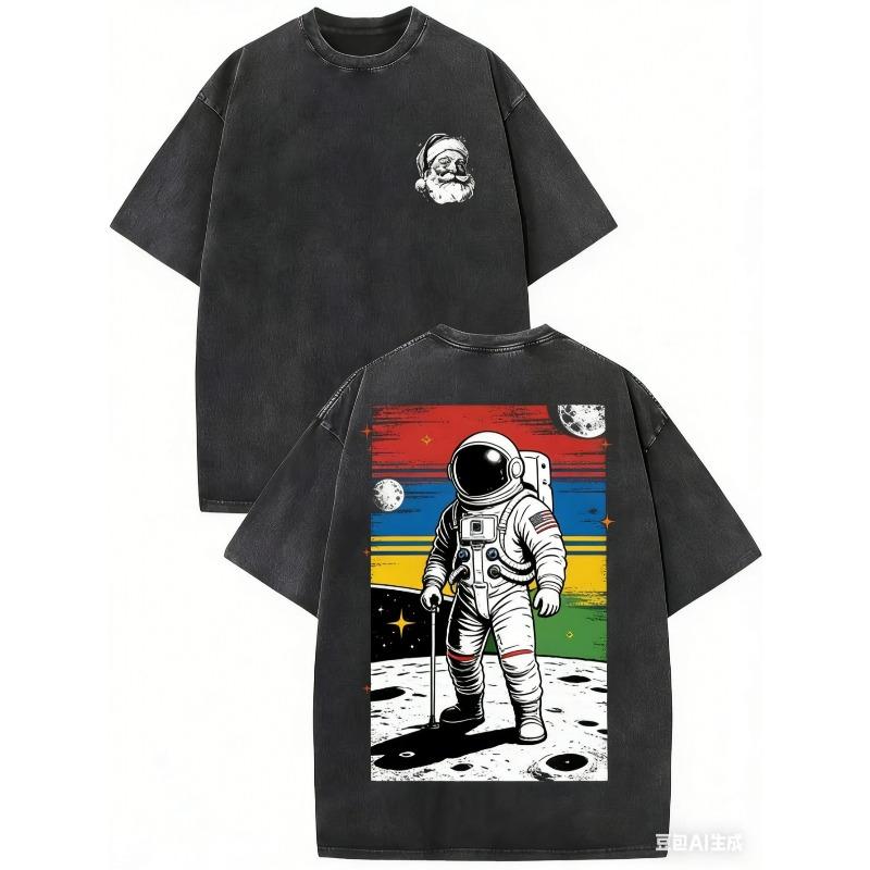 

European sizes A Trendy, Versatile Washed And Distressed T-Shirt for Men, Featuring a Unique Print Design, Perfect for Christmas 5XL чорний