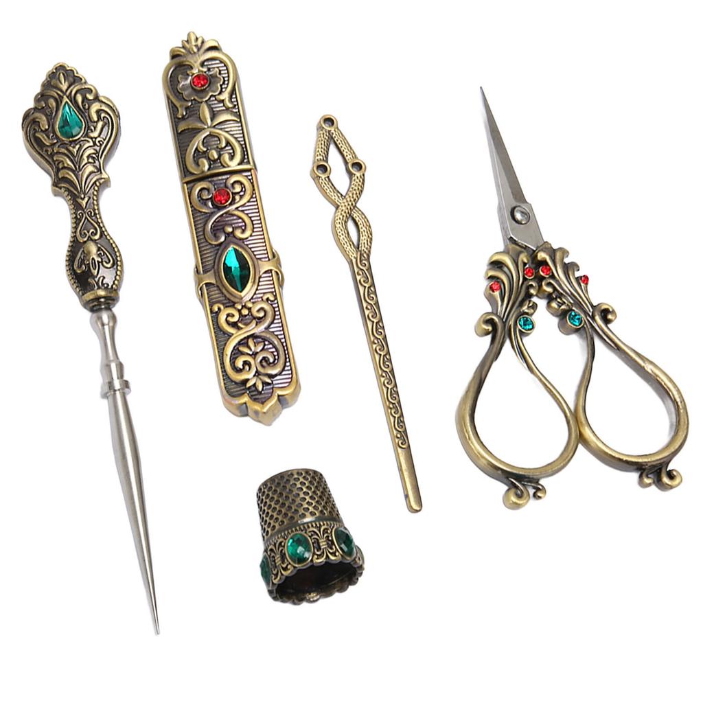 5pcs Embroidery Scissors Kit Alloy Vintage Sewing Kit with Thimble Threader Needle Case Punch