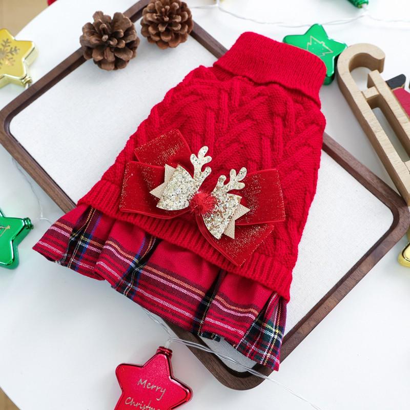 Pet Dog Sweater Dress Small Breeds Christmas Theme Gold Reindeer Knit Outfit Winter Warmth