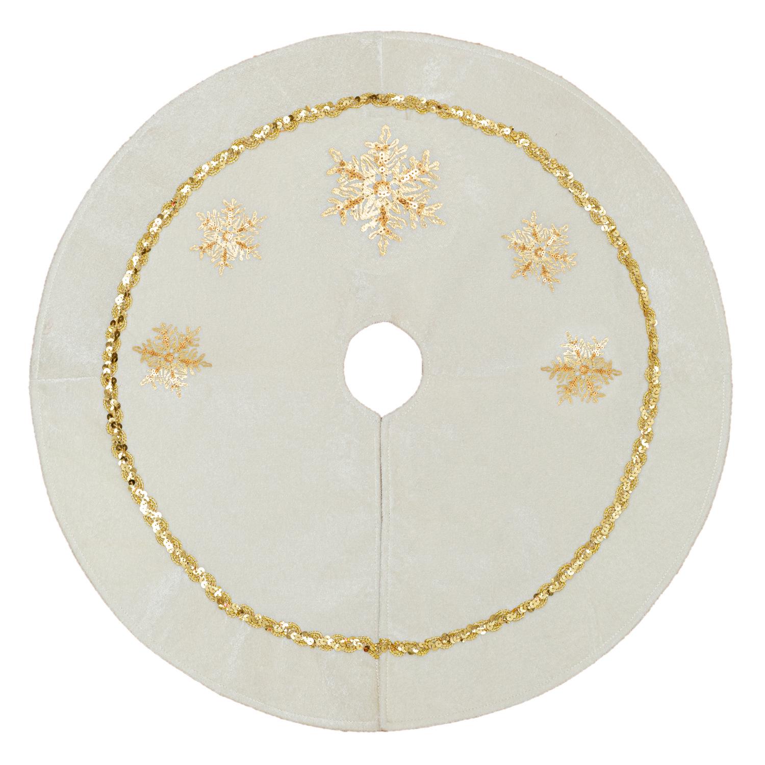 Festive Velvet Snowflake Gold Sequin Christmas Tree Skirt, White 24 inches