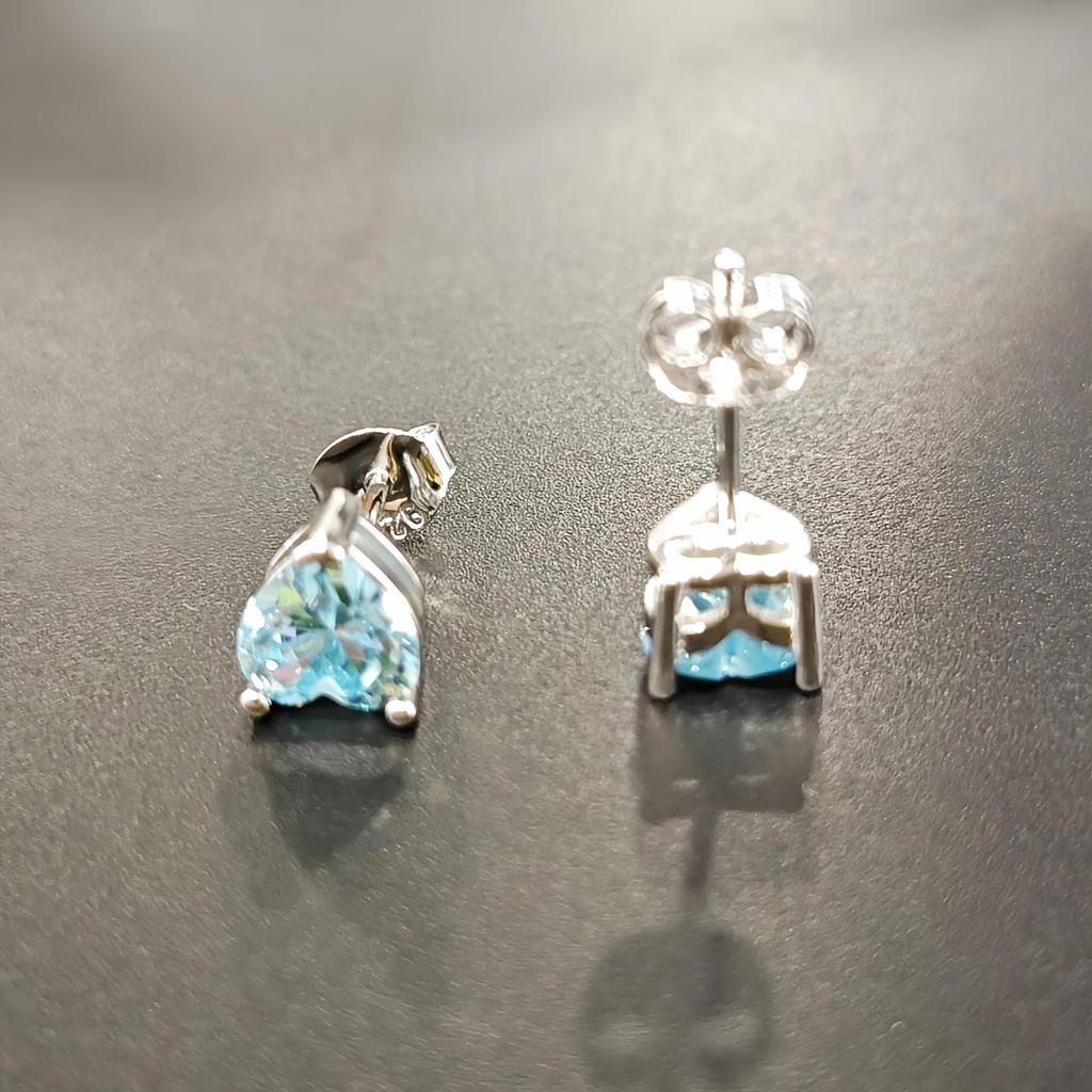 Himmelblaues Herz Zirkon Mädchen süße Ohrring 925 Sterling Silber Herz CZ Ohrstecker