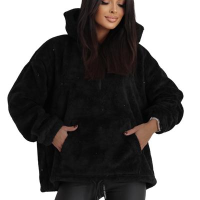 Women' Oversize Hooded Plush Sherpa Fleece Sweatshirt Black /