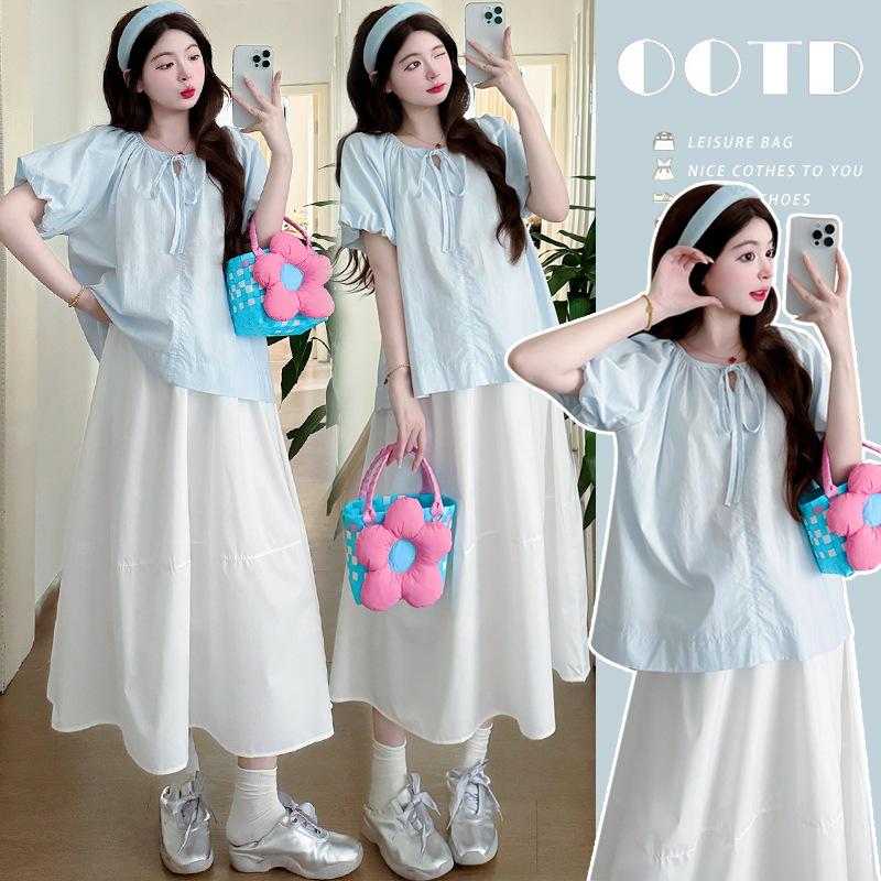 2026 Summer Casual Maternity Set: Versatile Shirt & Pig Nose Buckle Skirt XL