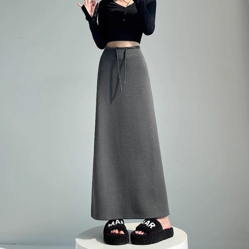 Women's Grey High-Waisted Drawstring Sports Skirt: 2025 Autumn/Winter Casual Loose Straight-Leg Half-Length.