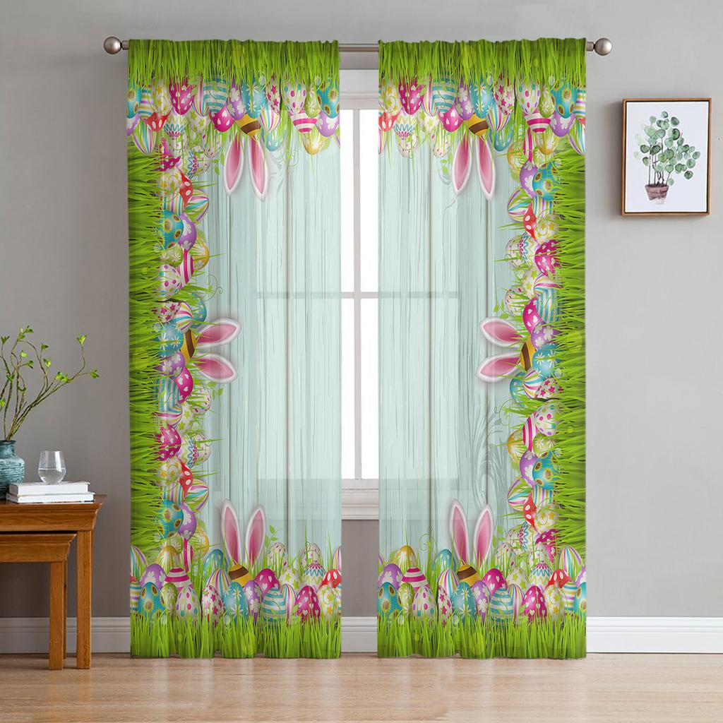 Easter Spring Colored Egg Bunny Sheer Tulle Window Curtains For Living Room Bedroom Kitchen Veiling Curtain Home Decoration