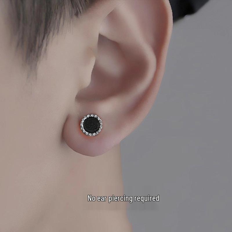 Schwarzer Achat Ohrclips für Männer ohne Piercing: Trendige, sichere Fake-Ohrringe im Hip-Hop-Stil mit hochwertigem Temperament