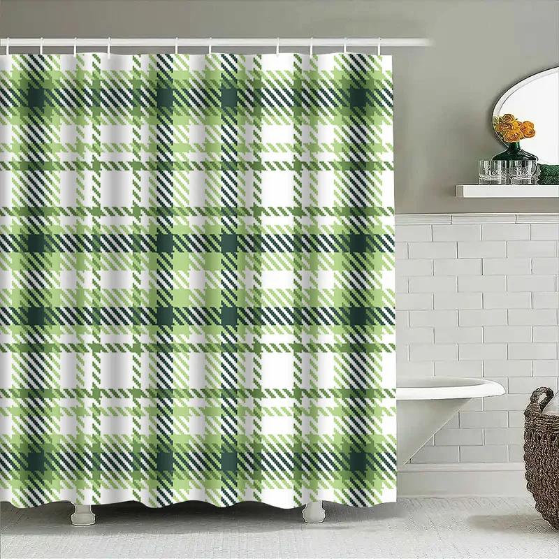 Green Plaid Shower Curtain Home Decor Bathroom Accessories Waterproof Bath Rug Set For Kids Room Decoration 180X270Cm (6Ft)