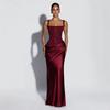 Women's Sequin Embellished Square Neck Maxi Dress Satin Draped Bodycon Evening Dress