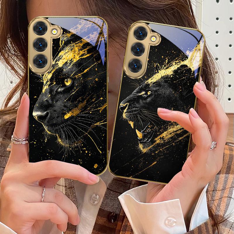 Black Panther Roars For Samsung Galaxy S26 S20 FE S21 S22 S23Plus S24 Ultra 25Ultra S21+ S9 S22 S8 S23 Golden Glass Phone Case