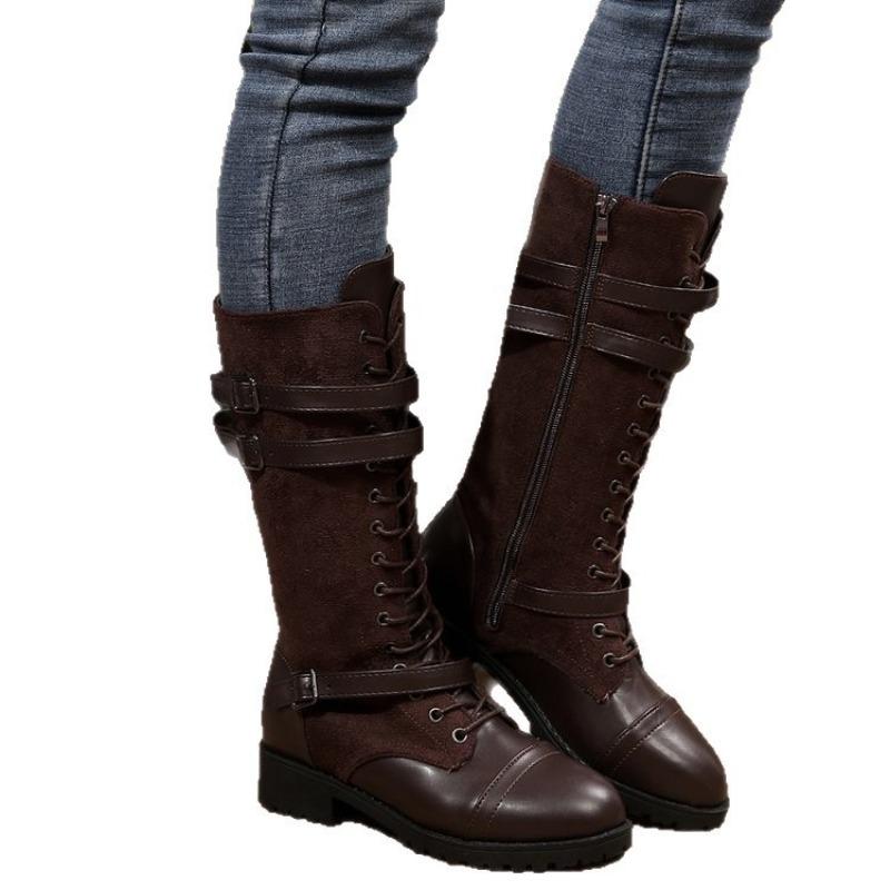 Damskie Skórzane Buty Jeździeckie z Okrągłym Noskiem i Łatami, Wysokie Buty na Kwadratowym Obcasie z Paskiem na Klamrę, Duże Rozmiary Buty Jesienno-Zimowe