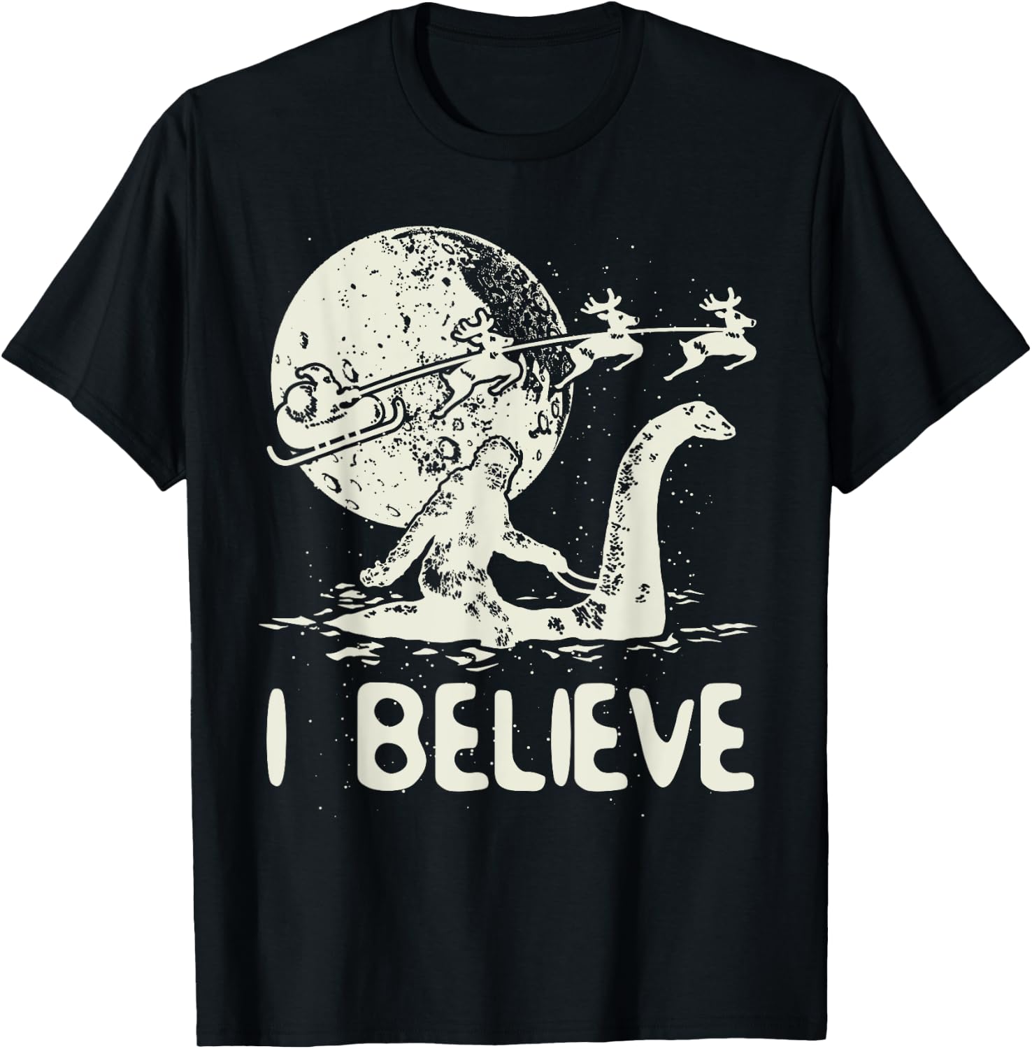 Bigfoot Sasquatch Riding Loch Ness Monster Christmas T-Shirt Unisex T-Shirt S